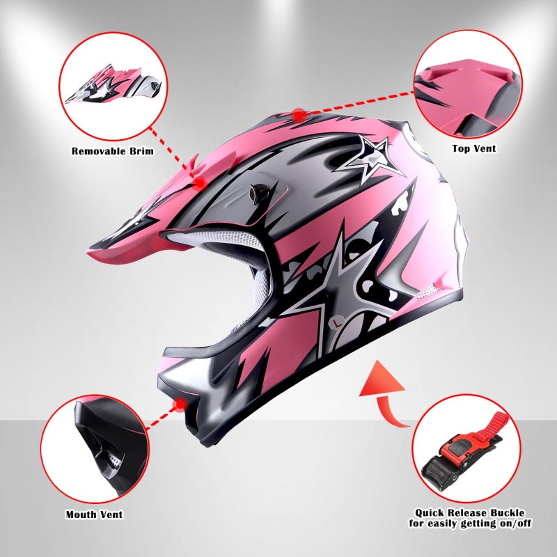 WOW Youth Kids Motocross BMX MX ATV Dirt Bike Helmet Star Matt Pink - Image 3